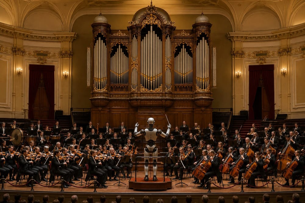 A humanoid AI robot conducting a symphony orchestra in a grand concert hall with a large pipe organ behind.