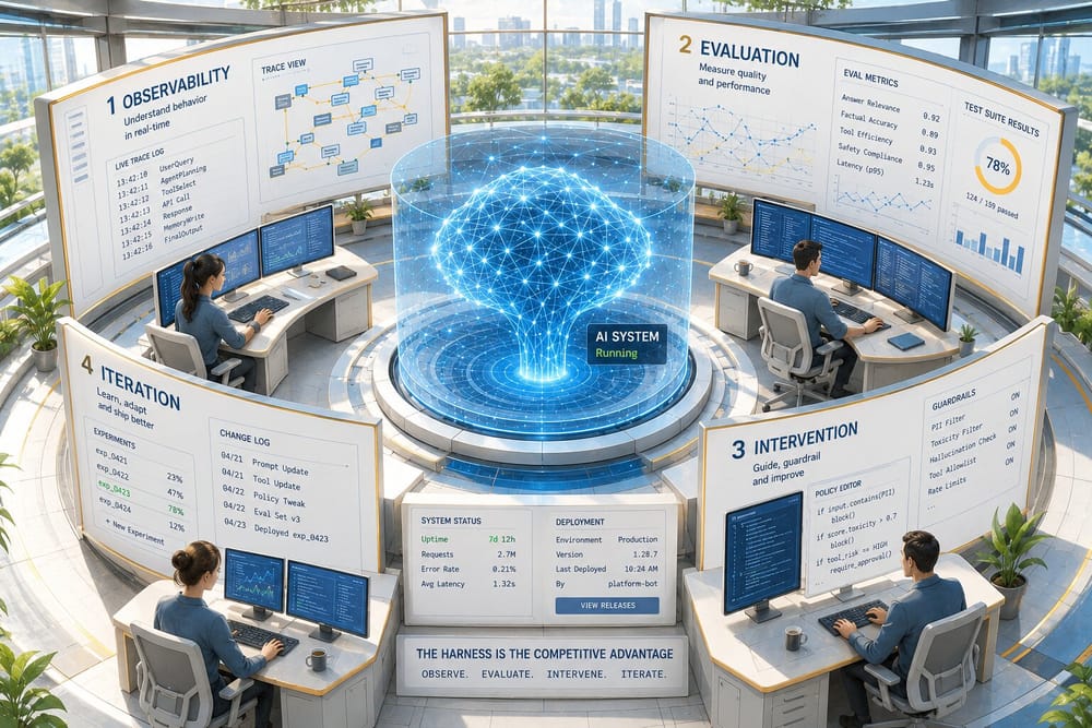 Control room with engineers monitoring a central AI brain across panels for Observability, Evaluation, Intervention, Iteration.