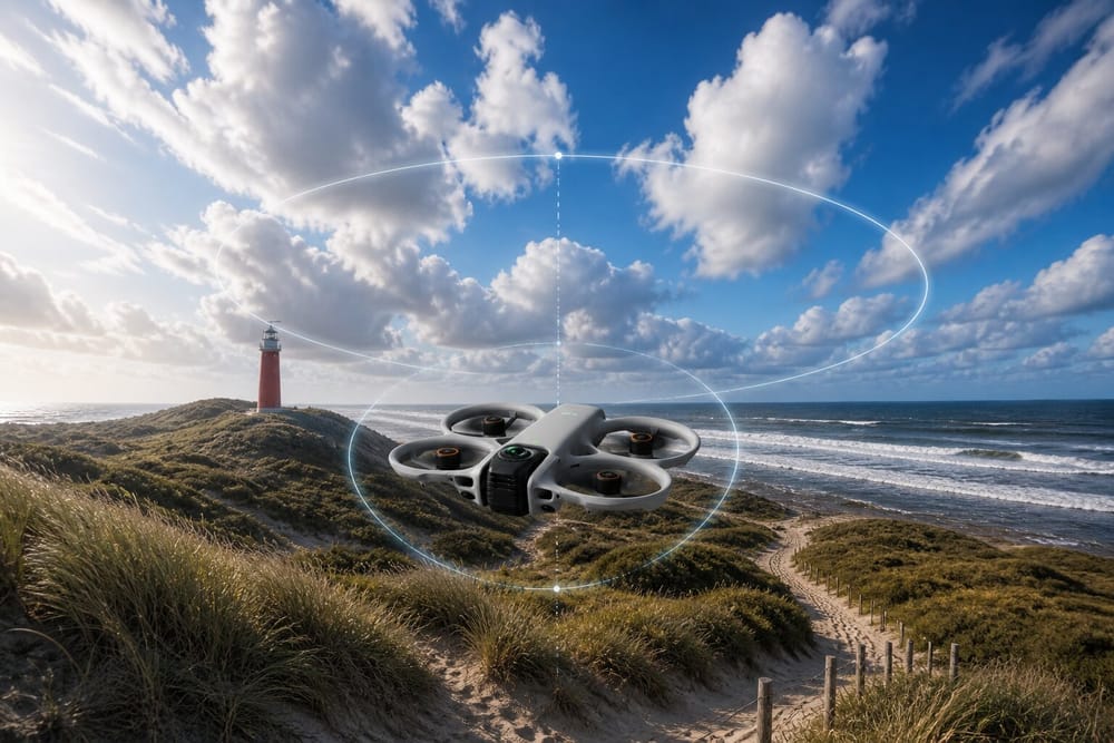 DJI Avata 360 drone hovering over coastal dunes with a lighthouse, surrounded by a visualization of its 360-degree capture sphere.