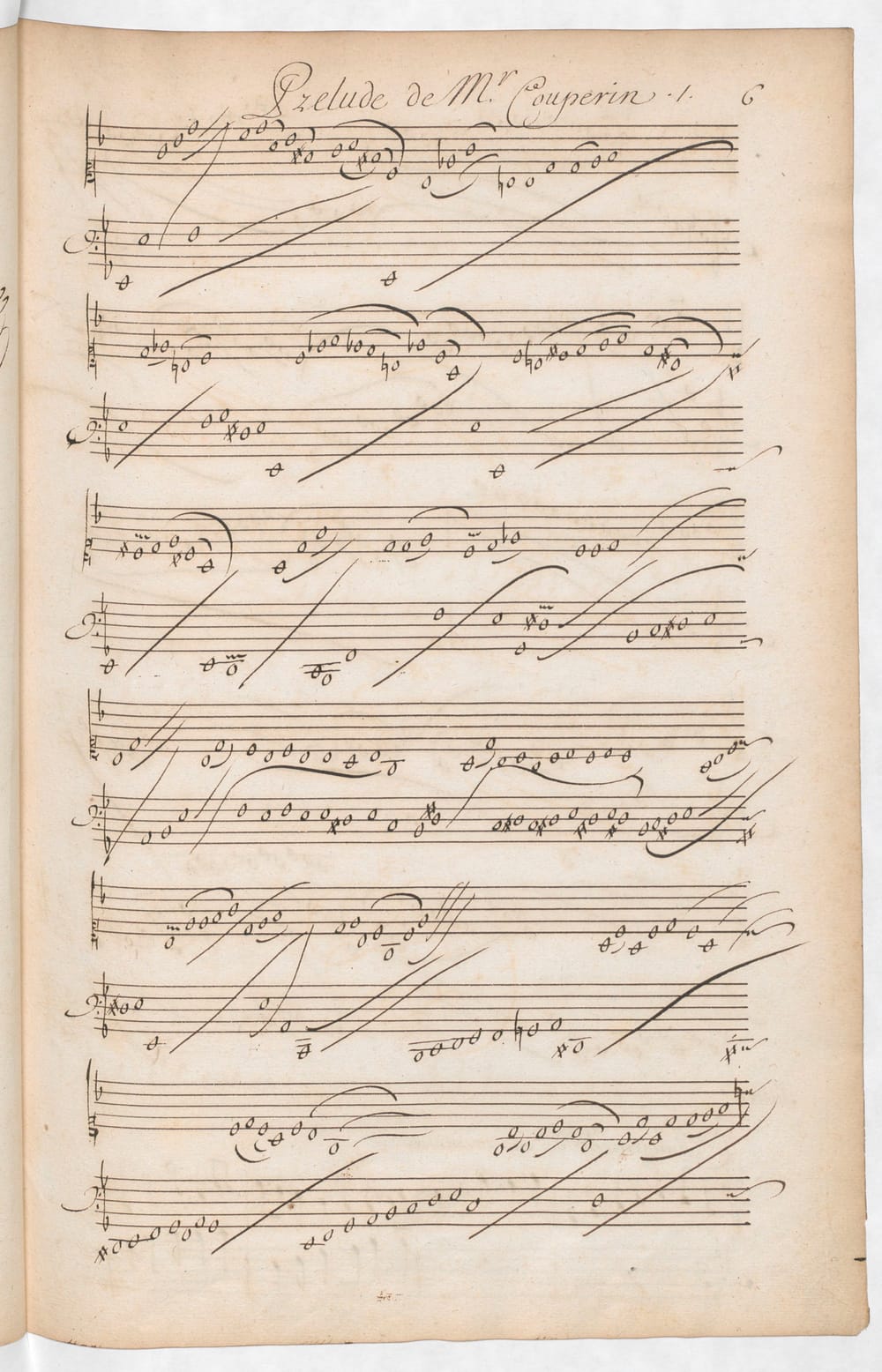 Handwritten manuscript page of a prelude by Couperin showing whole notes with flowing slurs across staves.