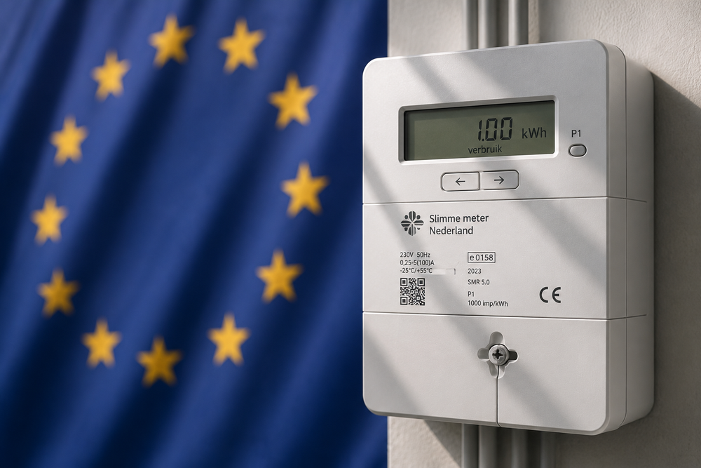 Elektriciteitsmeter met EU-vlag op het display — symbool voor Europese regulering van het Nederlandse nettariefstelsel