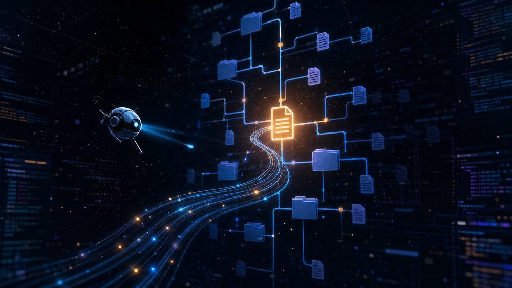Dark editorial illustration of a glowing file tree with AGENTS.md highlighted as a beacon amid tangled, shadowed code structures