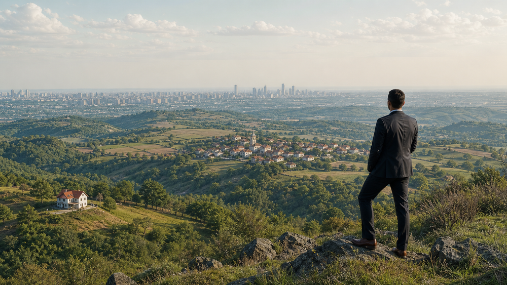 A suited professional standing on a hilltop overlooking a landscape transitioning from a rural farmhouse to a village to a distant city skyline
