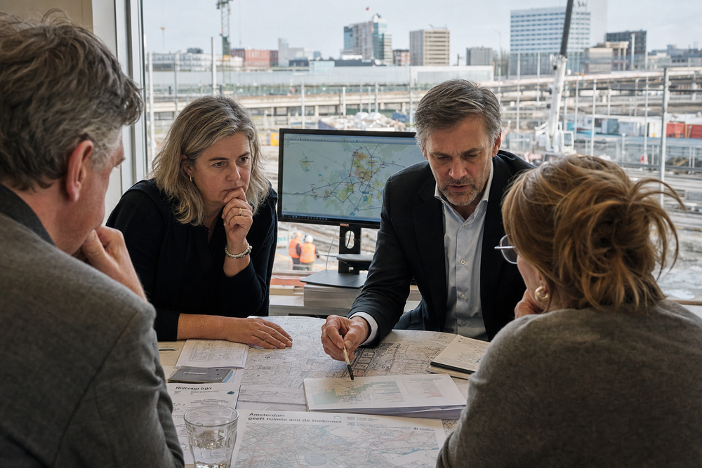 Vijf mensen bespreken een grote stadskaart op een bouwlocatie in Amsterdam-Zuid, met warmteinfrastructuur en tramsporen op de achtergrond.