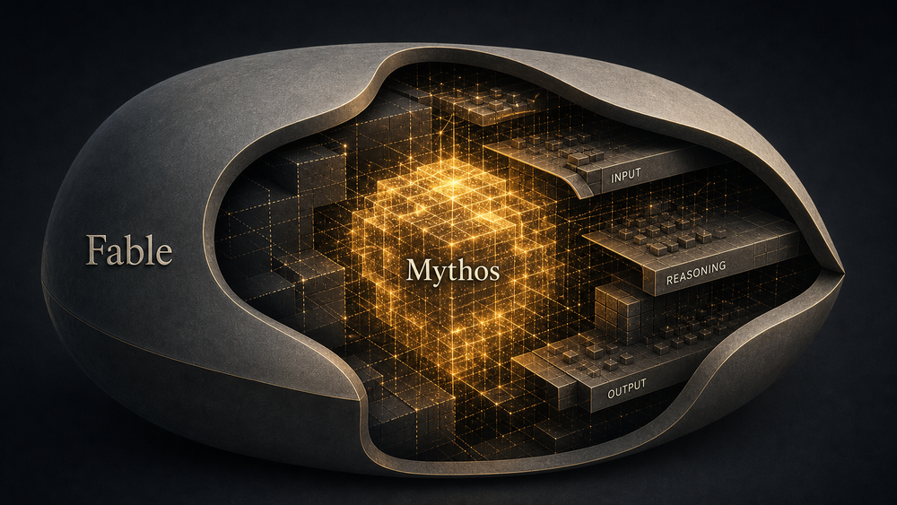 Cross-section illustration showing Fable as the outer stone shell and Mythos as a glowing golden neural core inside, with Input, Reasoning, and Output layers labeled on the right