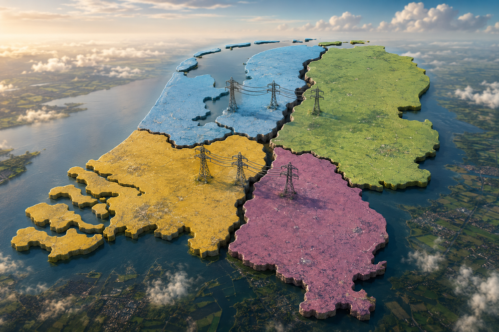 Luchtfoto van Nederland opgedeeld in vier gekleurde prijszones met hoogspanningsmasten — het toekomstscenario dat ENTSO-E structureel effectief noemt