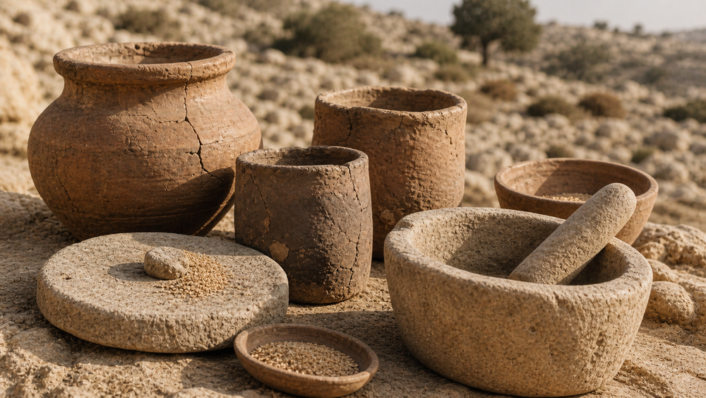 Ancient clay brewing vessels and stone grain-grinding tools arranged on a sandy limestone surface in warm side light