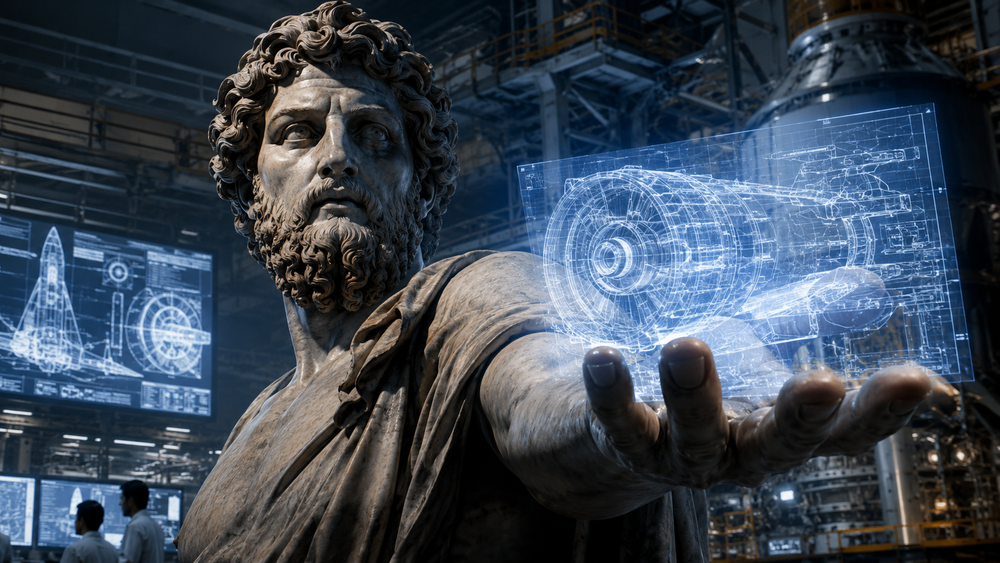Dramatic editorial illustration of a classical Greek-style figure holding a glowing engineering blueprint, set against a dark industrial facility lit by blue-white displays.
