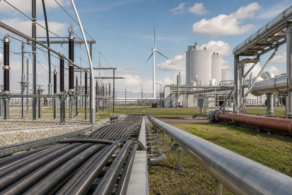 Breed energiecomplex met kabelbundels, leidingen, opslagtanks en een windturbine onder een heldere lucht.