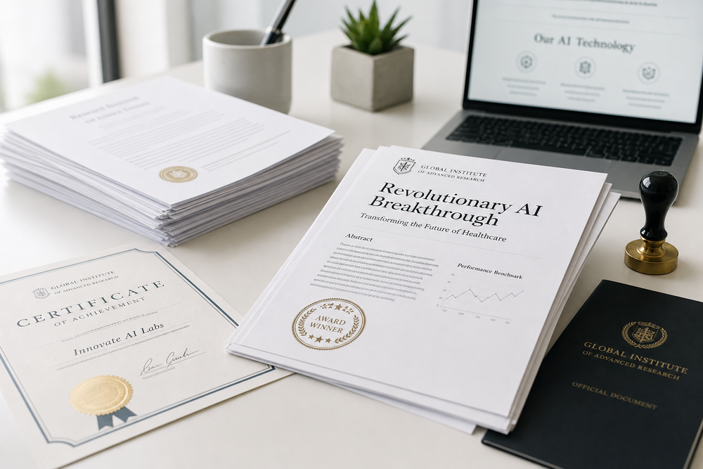 A desk covered with polished reports, certificates, a stamp, and a laptop displaying an AI technology page.