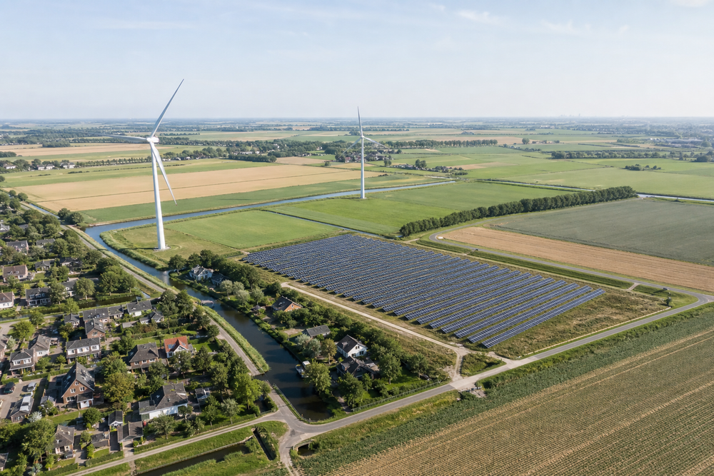 Luchtfoto van een Nederlands poldergebied met twee windturbines, een zonneweide en woonhuizen langs akkers en waterpartijen