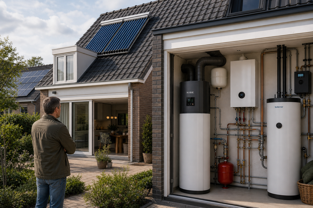 Nederlandse woning met zonnecollector op het dak en zichtbare warmwaterinstallaties in een open technische ruimte