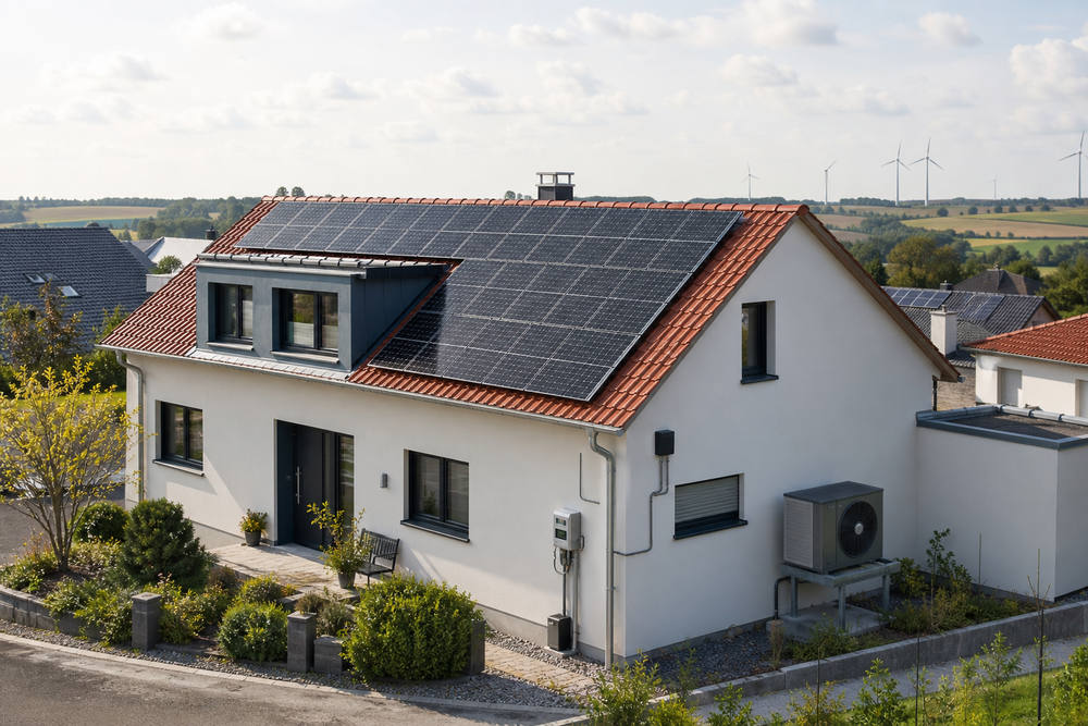 Modern woonhuis met zonnepanelen op dak en warmtepomp zichtbaar aan zijkant, windmolens zichtbaar aan horizon