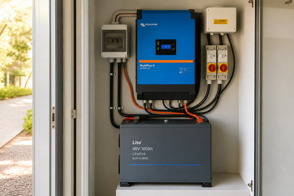 Hybride omvormer naast een compacte LiFePO₄-thuisbatterij in een meterkastopstelling met keurige bedrading