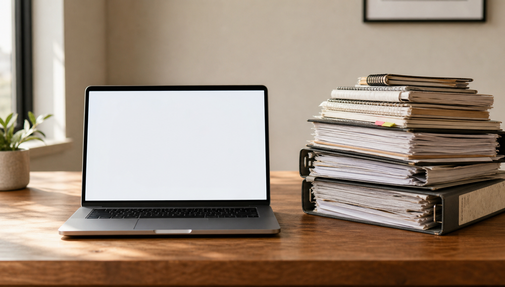 Open laptop with a blank screen beside a tall stack of notebooks, folders and paper files on a wooden desk