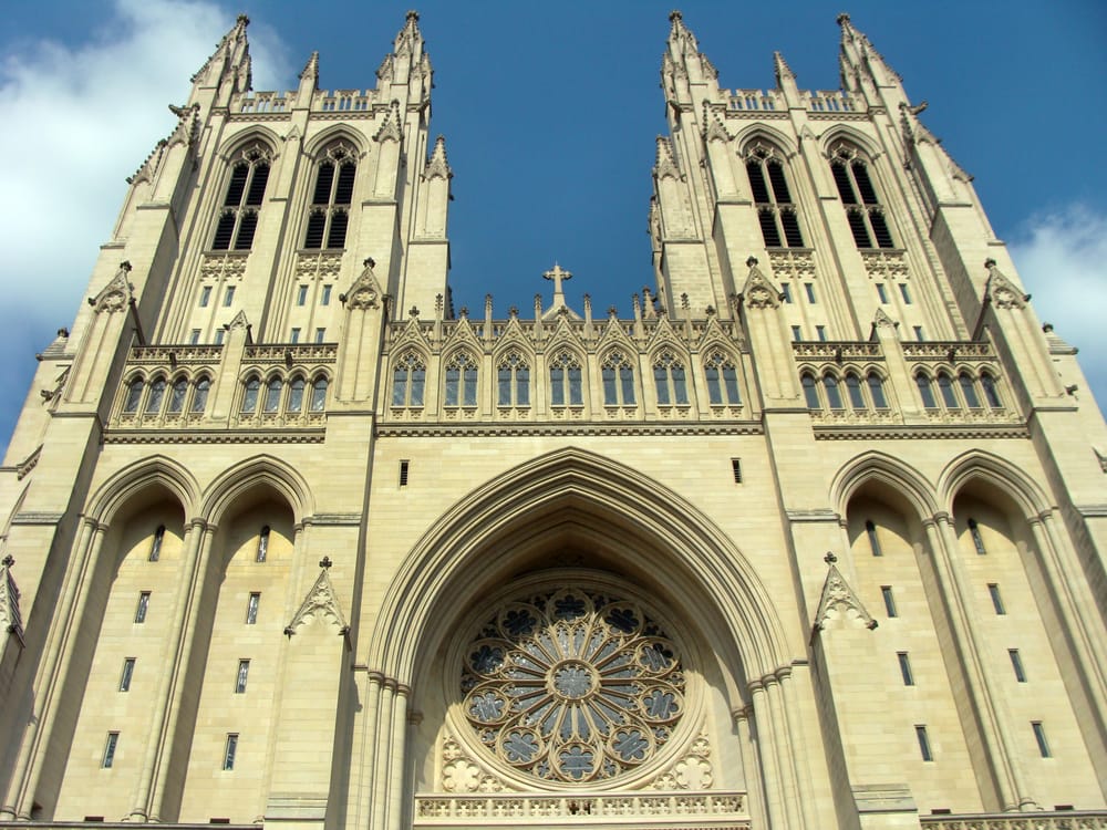 Front view of Washington National Cathedral, a Gothic-style cathedral in Washington DC