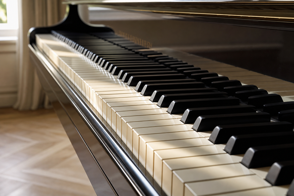 Close-up of grand piano keys from a low angle, soft warm morning light from the side, cream and ivory tones, shallow depth of field