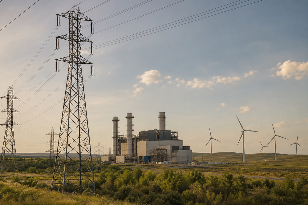 Gas-fired power plant flanked by wind turbines and high-voltage pylons in a flat open landscape under a partly cloudy sky.