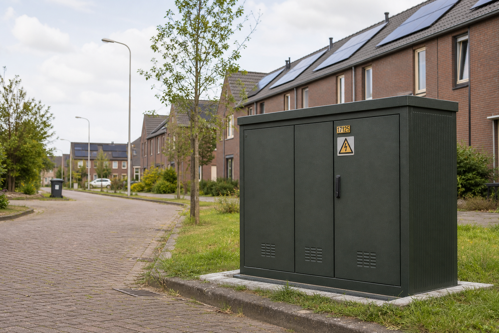 Een laagspanningsverdeelinrichting in een woonwijk, als symbool voor de plek waar energiedelen zijn publieke meerwaarde moet bewijzen