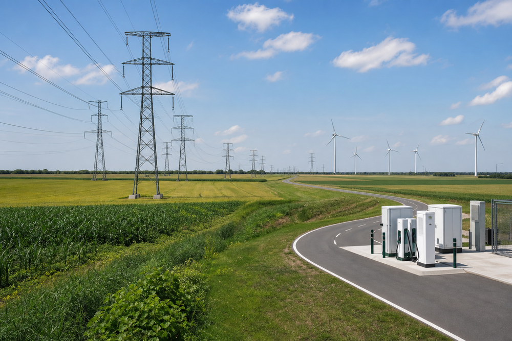 Fotorealistische hoogspanningsmast en laadinfrastructuur in een open Europees landschap bij helder daglicht