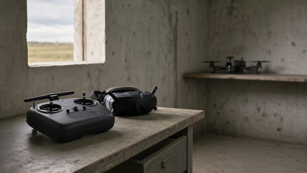 An FPV controller and goggles resting in a dim bunker-like setting, evoking hobby hardware turned to military use