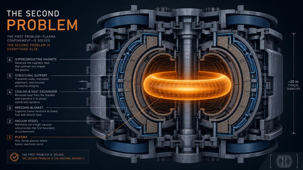 Cross-section diagram of a tokamak reactor showing six labelled layers from plasma core outward to superconducting magnets, with the annotation 'The second problem is everything else'