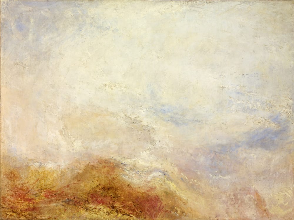 J.M.W. Turner, Val d'Aosta (c. 1836–7): an atmospheric oil painting of an Alpine mountain pass in warm golden haze, with rocky cliffs and small figures dwarfed by the landscape.