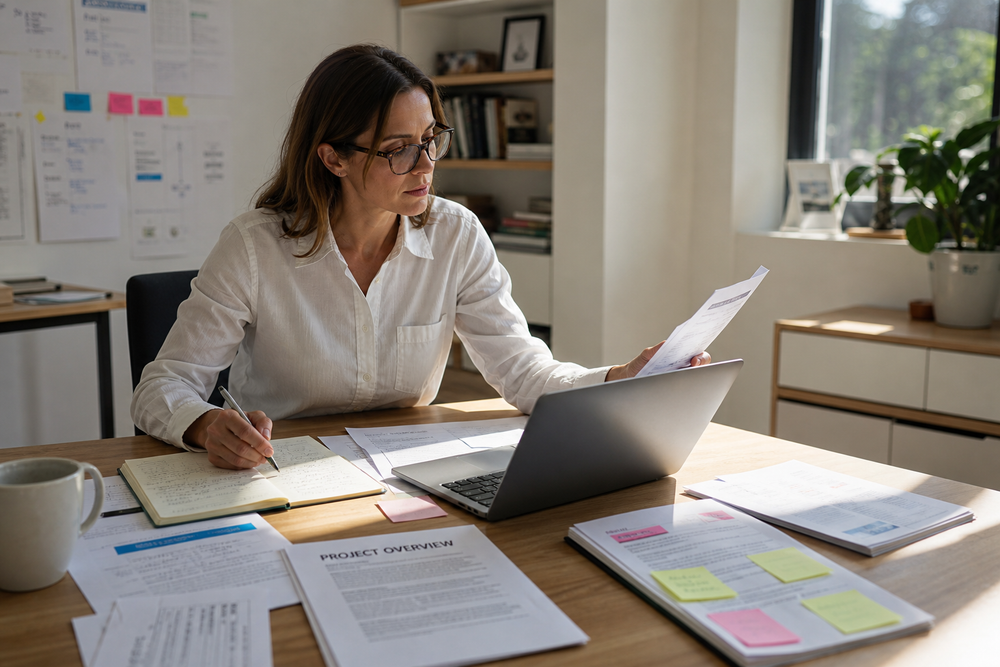 Woman at a desk comparing papers and notes in a bright workspace, suggesting oversight and decision making