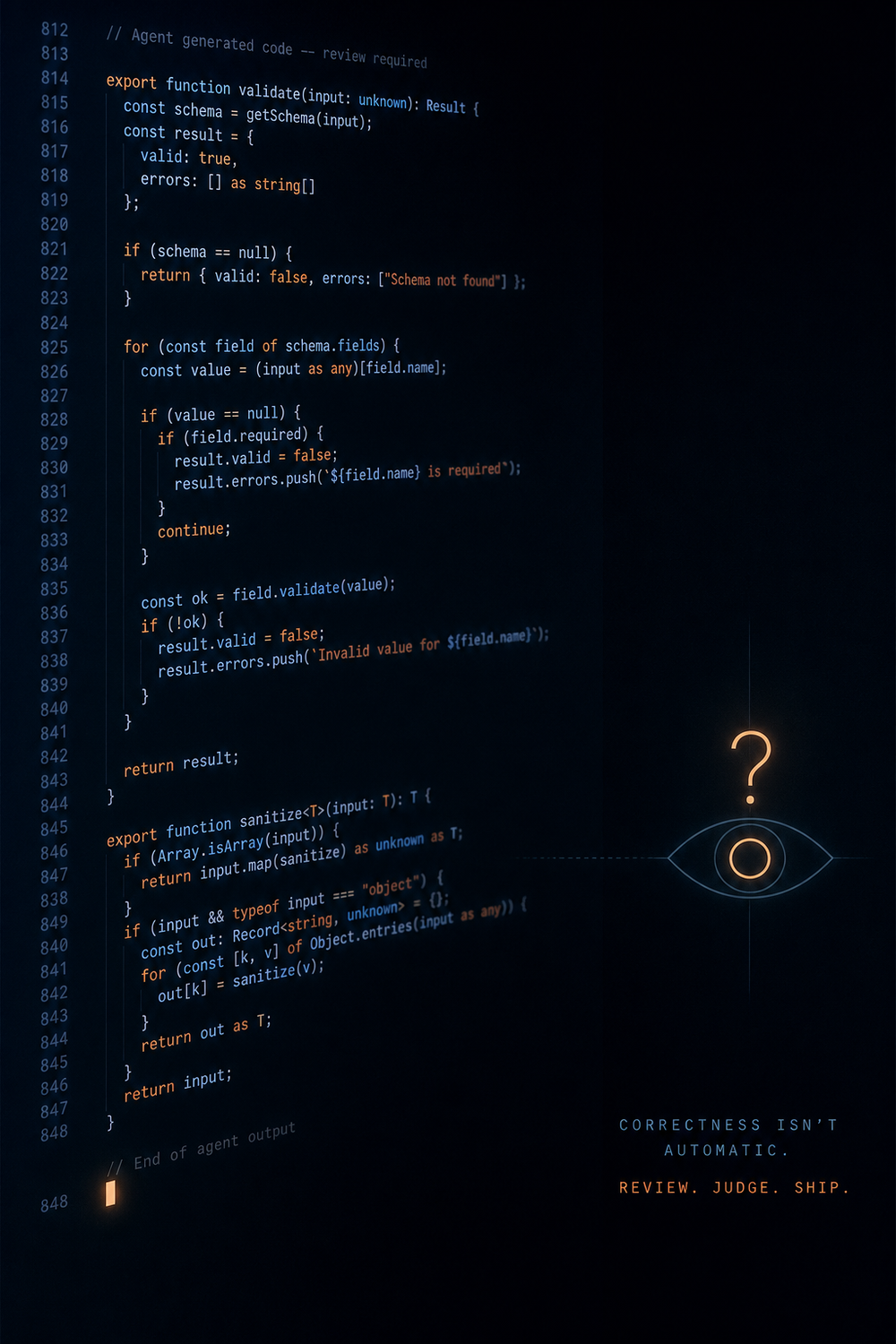 Dark terminal screen showing agent-generated validation code beside an illustrated eye with question mark and the text: Correctness isn't automatic. Review. Judge. Ship.