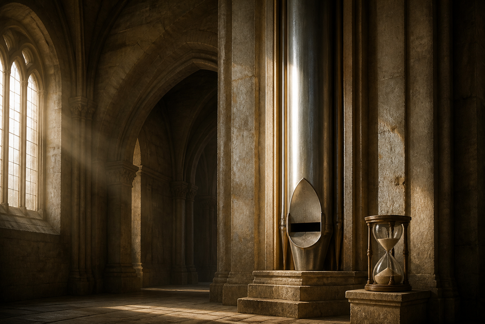 Gothic church interior bathed in golden light through tall windows, with a large silver organ pipe on a stone pedestal and an hourglass standing on the floor
