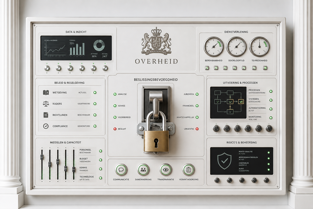 Wit overheidspaneel met rijkswapen en een centraal hangslot bij 'Beslissingsbevoegdheid', omgeven door panelen voor data, beleid, uitvoering en toezicht.