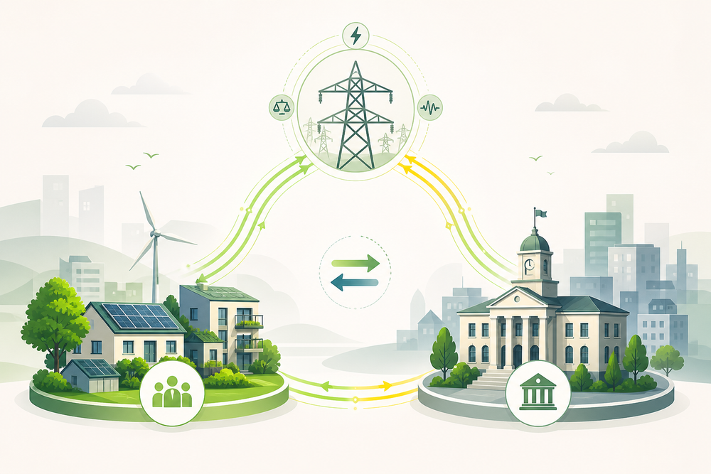 Abstracte illustratie van drie samenhangende knooppunten — wijk, gemeentehuis en elektriciteitsnet — verbonden door energiestromen