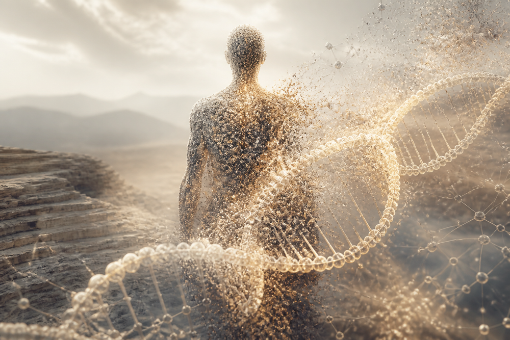 Abstract evocative image representing ancient human ancestry as hidden genomic memory — ghost lineages without faces.