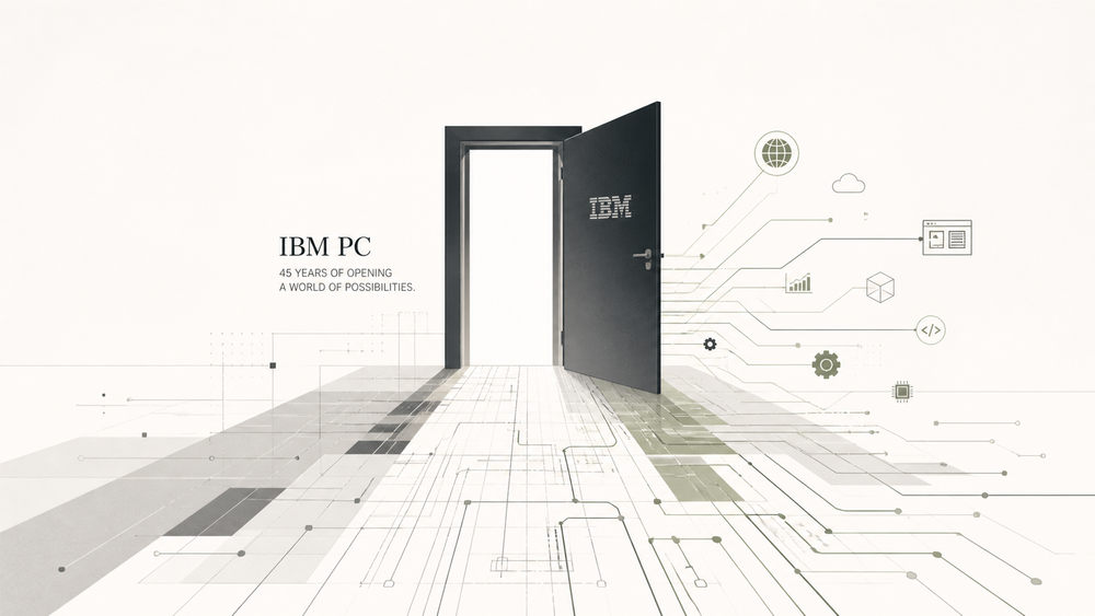 An open door bearing the IBM logo, surrounded by circuit board traces and floating tech icons, representing the PC as a gateway to digital possibility