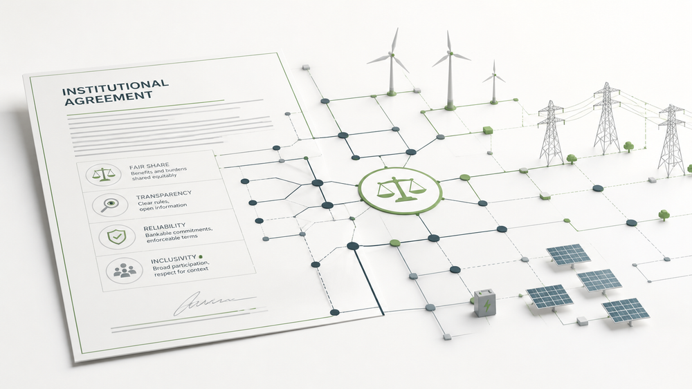 Diagram of an institutional agreement with icons for fairness, transparency, reliability, and inclusivity, connected by network lines to wind turbines, solar panels, and transmission towers.