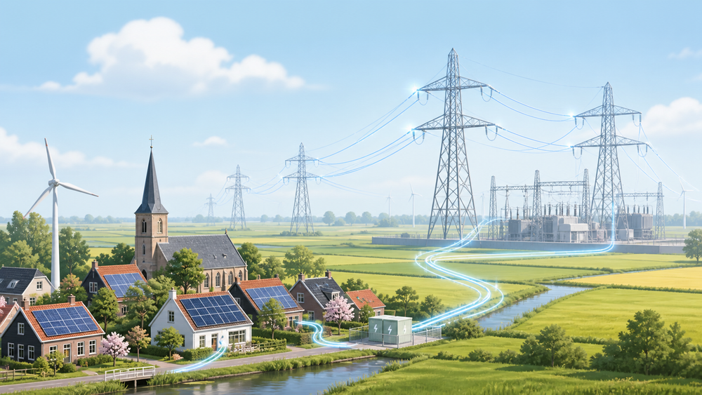 Nederlands dorp met kerk, zonnepanelen en windmolen, met blauwe energielijnen die verbinding tonen met naburige hoogspanningsmasten