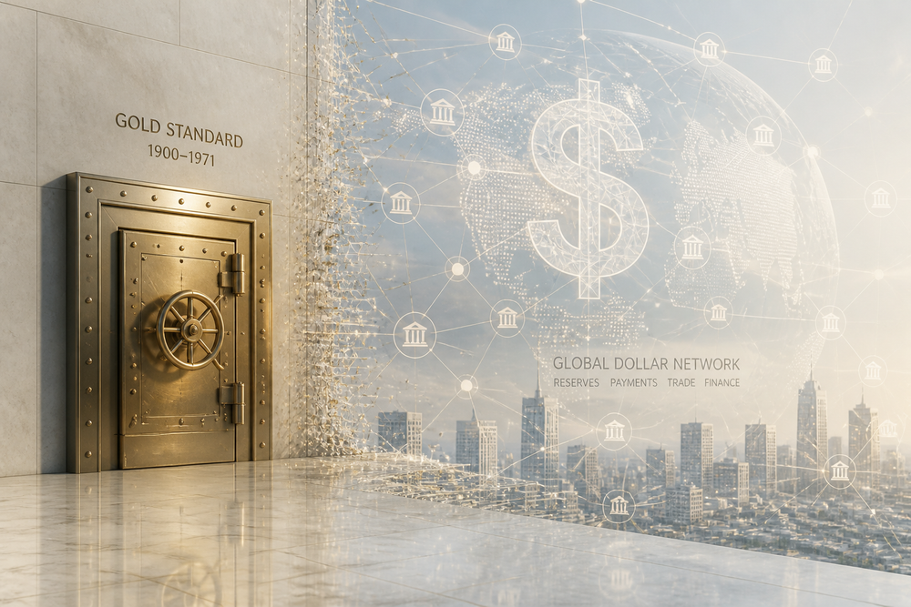 Bank vault door labelled Gold Standard 1900–1971 dissolving into a global dollar network with a dollar symbol, institutional nodes, and a city skyline