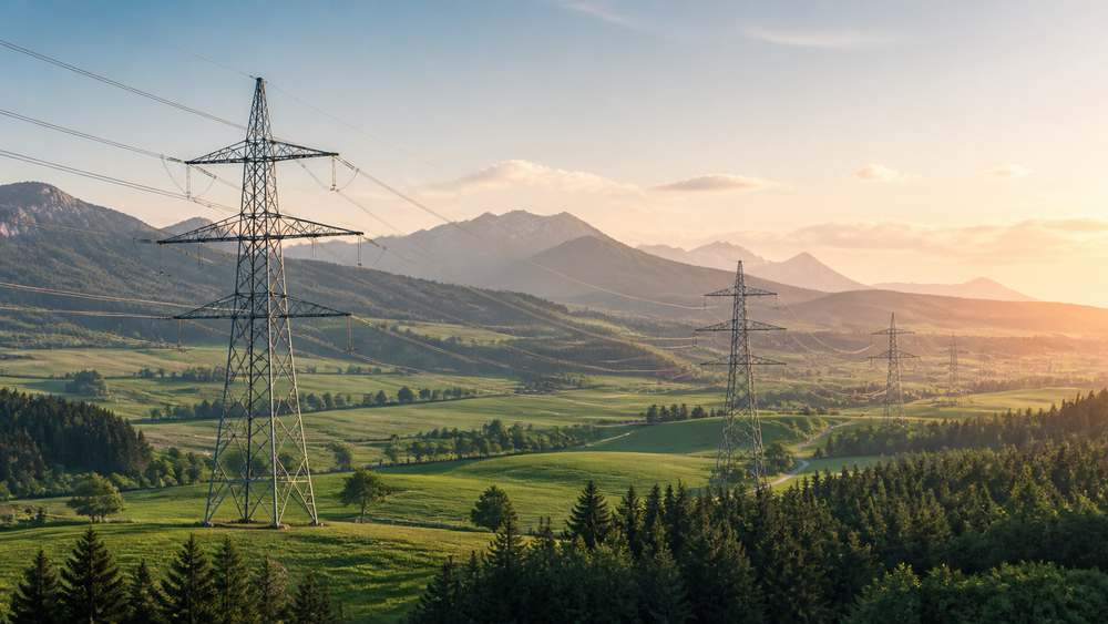 Hoogspanningspylonen in een groen Europees landschap bij schemering, geen mensen, rustig en technisch