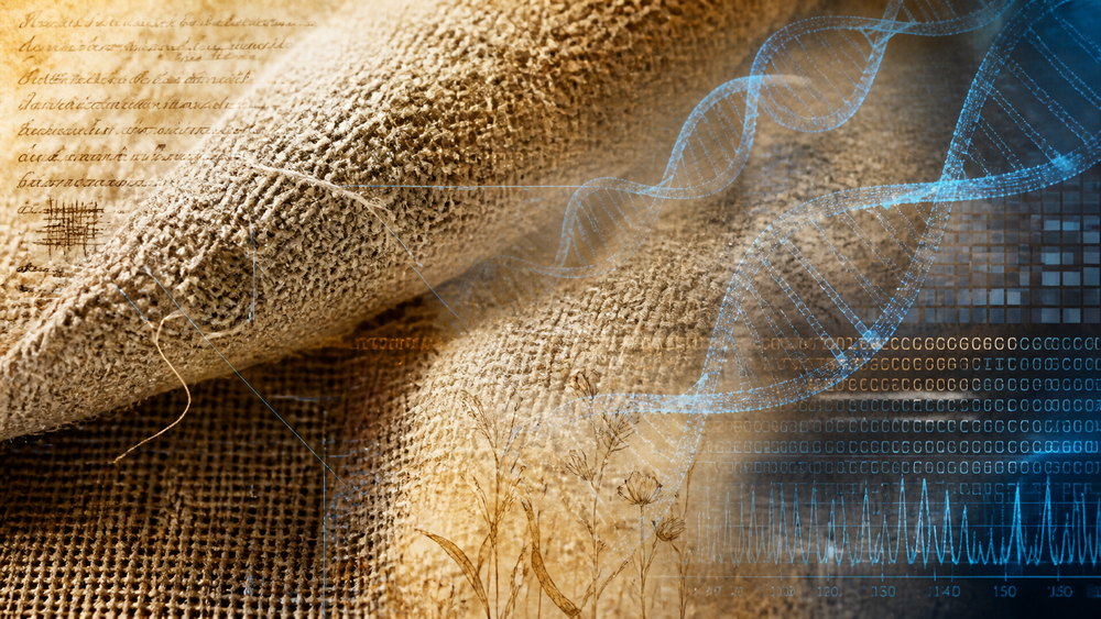 Close-up of woven linen fabric with faded handwriting overlaid, transitioning to glowing blue DNA helix and genomic data visualisations on the right