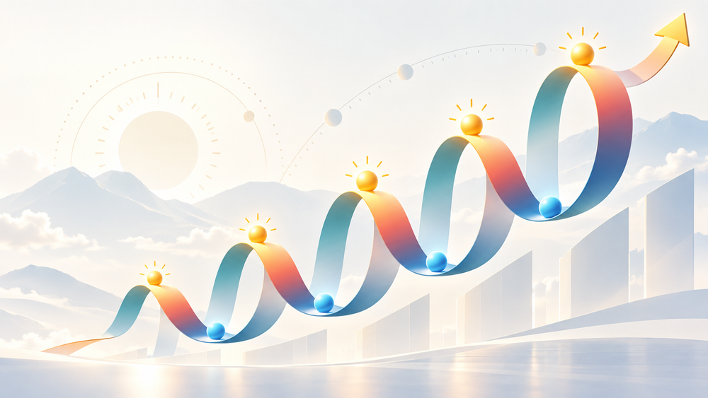 Stylized illustration of a looping ribbon rising upward with glowing markers at each peak, suggesting a repeating cycle of breakthroughs against a soft mountainous horizon
