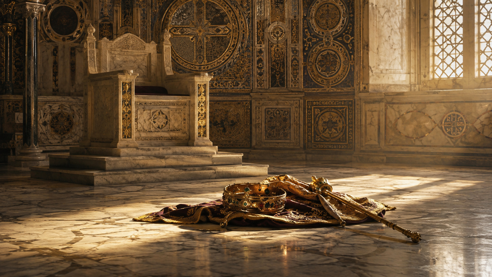 Imperial crown, scepter and purple mantle on a marble floor before an empty throne in a golden-lit Byzantine basilica