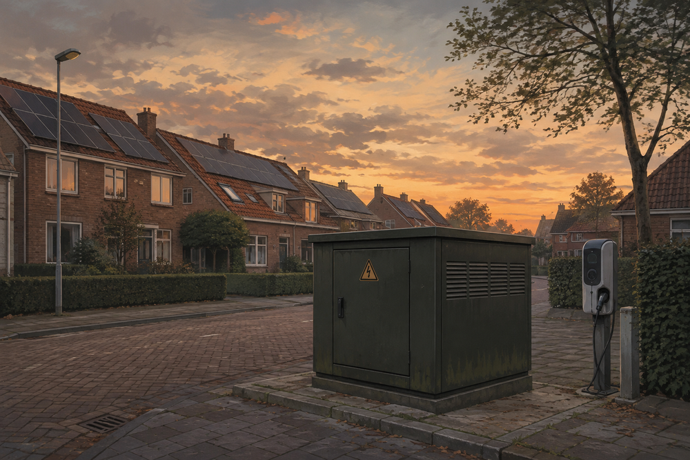 Abstracte illustratie van een elektrisch netwerk met lokale energieknooppunten die slimme apparaten in een woonwijk coördineren.