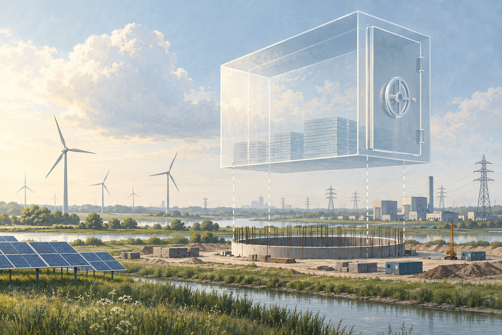 Abstracte illustratie met gestileerde energiemasten en infrastructuursilhouetten in blauw-grijs palet