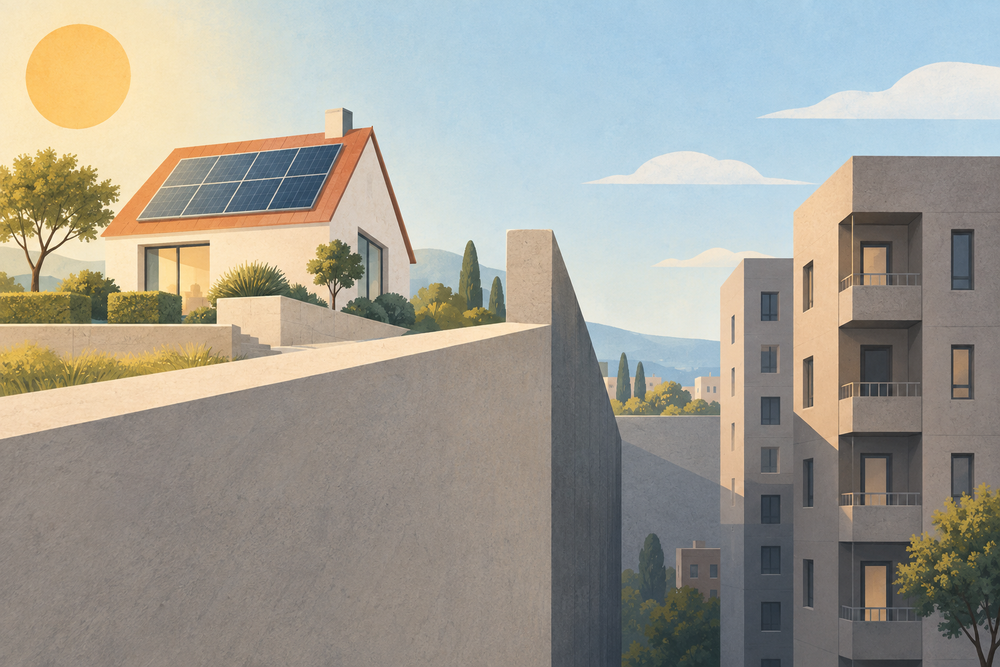 Klein huis met zonnepanelen gescheiden door een hoge betonnen muur van een kaal appartementengebouw, onder een zonnige hemel