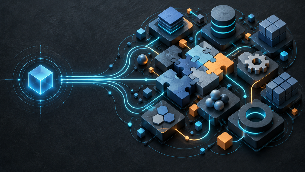 Abstract illustration of modular building blocks assembling into a complete structure against a dark blue background
