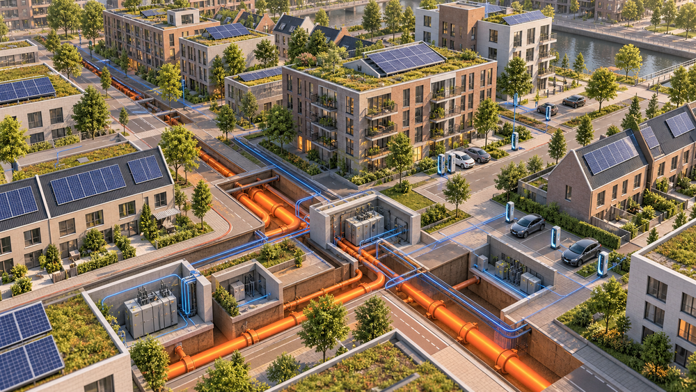 Vogelvluchtperspectief van een Nederlandse wijk met zichtbare ondergrondse warmteleidingen (oranje) en elektrakabels (blauw), zonnepanelen op daken en laadpalen langs de straat.