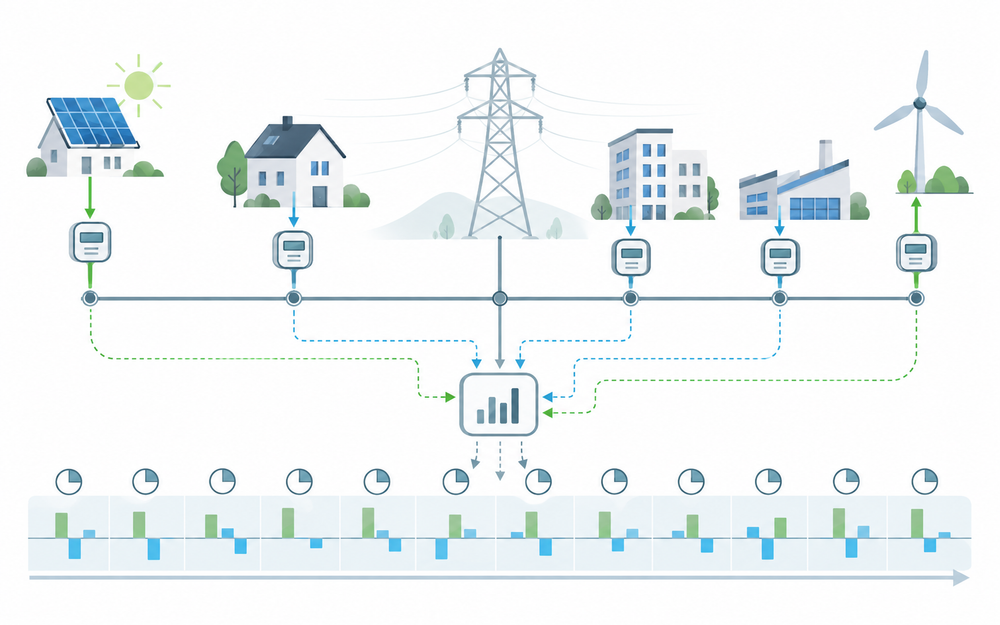 Schematisch diagram van een meet- en afrekenlaag voor energiegemeenschappen, met kwartierallocatie en kostentoerekening als afzonderlijke lagen.