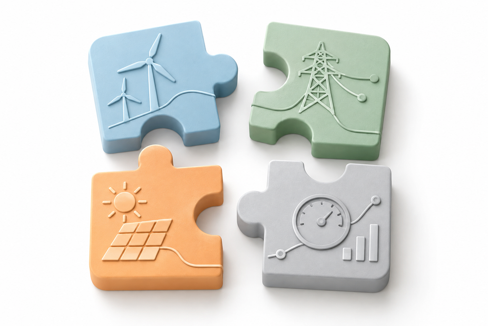 Illustratie van lokaal energiedelen: zonnepanelen op aangrenzende huizen verbonden via een energienetwerk dat stroom verdeelt tussen buren