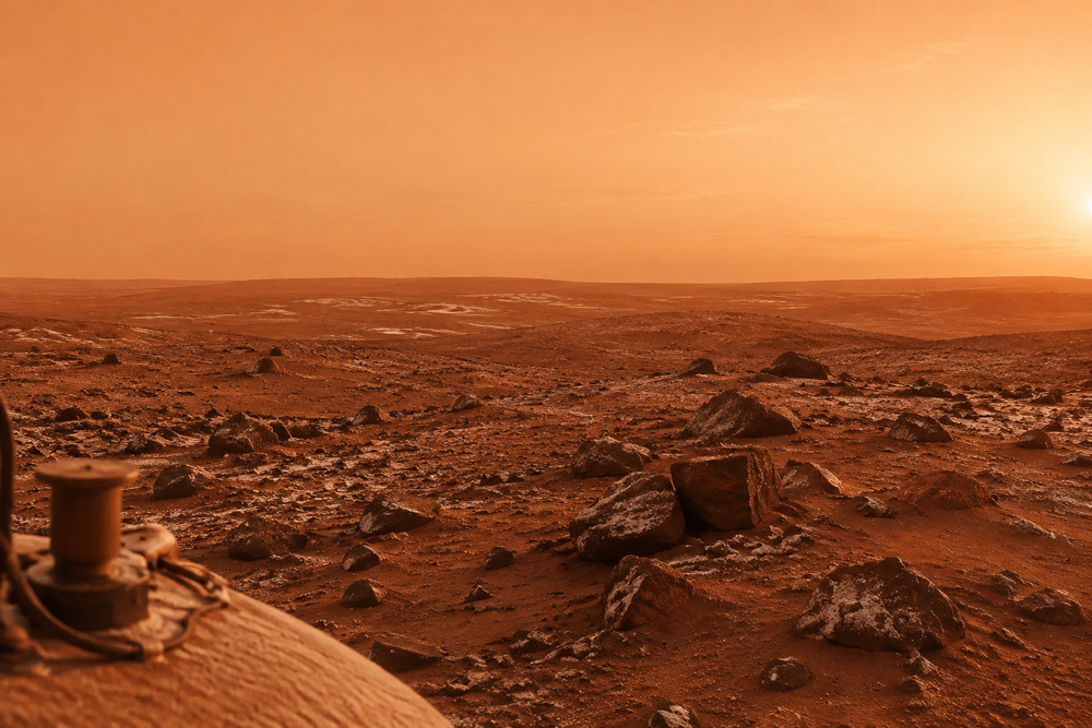 Stylized illustration of the Viking 2 lander standing on the reddish rocky surface of Mars, with a pale sky and distant horizon
